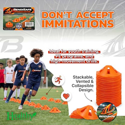 Soccer Training Discs Set of 12 - Flexible Agility Marker Discs for Soccer, Football & Basketball Drills- 7” Base and 2.25” Tall – High Visibility Orange Field Marker Cones - Made in USA - BendiSafe