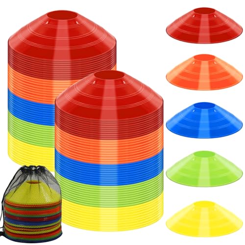 Soccer Cones for Training, 100/15 Pack Agility Cones with Carry Bag, Multi-Color Disc Cones for Sports Training, Soccer, Football, Basketball, Field Cone Markers, Indoor Outdoor Sports
