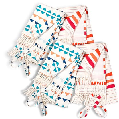 Native Fab Turkish Fouta Beach Towels - Set of 4 - Extra Large 40"x72" - 100% Cotton - Soft, Thick, Absorbent, Terry Towels for Adults, Swim, Bath - Boho Multi Pack - Red, Orange, Blue, Navy