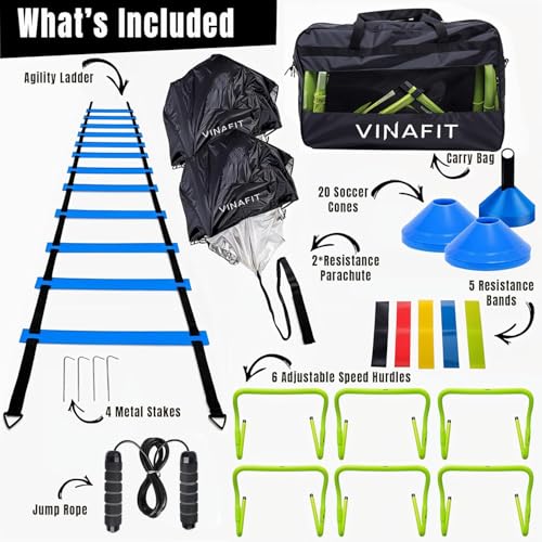 Complete Agility Ladder Training Set - 20ft Speed Ladder, 6 Adjustable Hurdles, 20 Cones, 5 Resistance Bands, 2 Speed Training Parachutes, Jump Rope, Nylon Carry Bag & Stakes
