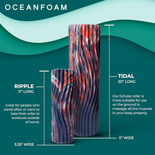 Tidal Roller - Red, Dark Navy & Natural Marbled - Muscle Massage Foam Roller for Back Pain & Stretching - Firm & Ergonomic Wide Wave Textured - Yoga, Athletics, Wellness - Full Size 20" x 5" - color: Red, Dark Navy & Natural Marbled