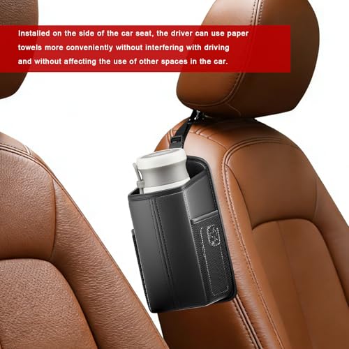 Car Tissue Holder, Waterproof Leather Auto Front Seat Side Tissue Box with 2 Mesh Pockets, Rectangular Large Napkin Holder Storage Hanging Bags for Cars SUVs Trucks