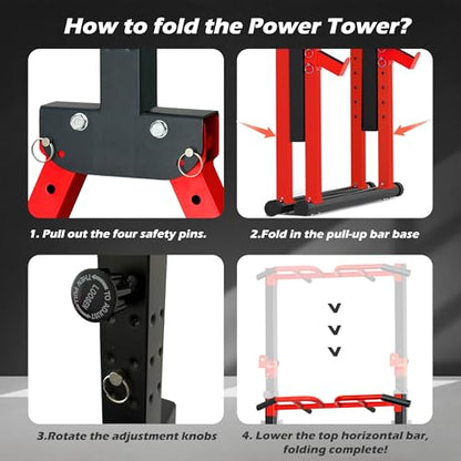 Foldable Power Tower Pull Up Bar Station, Multi-function Stable Pull Up Dip Station for Home Gym Strength Training Equipment