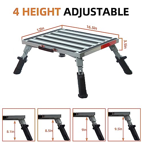 Homeon Wheels RV Step Stool, Adjustable Height Aluminum Folding Platform with Non-Slip Rubber Feet, Reflective Stripe, Handle, RV T Level, for Trailer, Truck, Outdoor - color: Slivergray