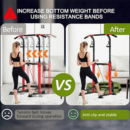 Power Tower Pull Up Bar,Pull-Up Rack Dip Station,Height Adjustable Multi-functional Home Strength Training Gym Equipment, Save Space,People Below 6 feet - color: Red