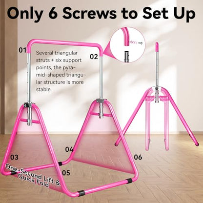 Kids Gymnastics Bar Gymnastic Equipment for Home Adjustable Height Gymnastic Training Bar Gymnastic Stuff for 3-7 Years Old Girls - color: Basic- Pink