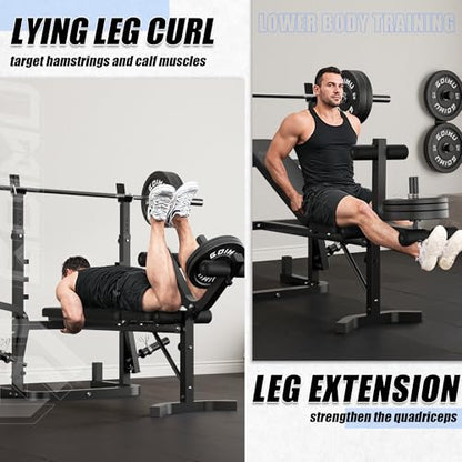 Z3 900LBS Olympic Weight Bench Set with Leg Extension, 9 in 1 Workout Press with Preacher Curl Pad and LAT Pulldown, Strength Training Bench for Home Gym - color: 100lbs Colorful Plates and Bench