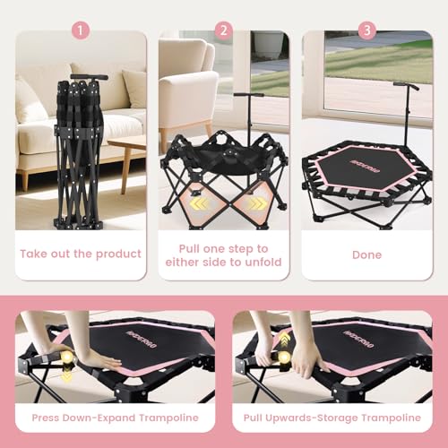 Foldable Mini Trampoline, 42'' Rebounder Trampoline with Adjustable Foam Handle, Fitness Trampoline for Indoor, Outdoor, Home Gym,Max Load 460lbs