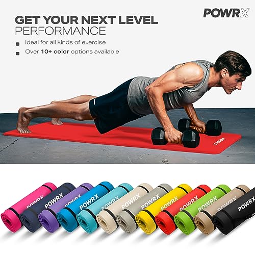 POWRX Yoga Mat Thick | Exercise Mat 1/2" - 3 Widhts with Carrying Strap and Bag | Non-Slip Workout Mat for Women Men Home Fitness Stretching Pilates Gymnastics Floor Gym Equipments