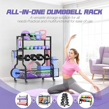 PARTPHONER Dumbbell Weight Rack, Home Gym Storage for Kettlebells Yoga Mat and Balls, All in One Workout Storage with Wheels and Hooks, Powder Coated Finish Steel - size: 39"(L)x15.8"(W)x39.8"(H)