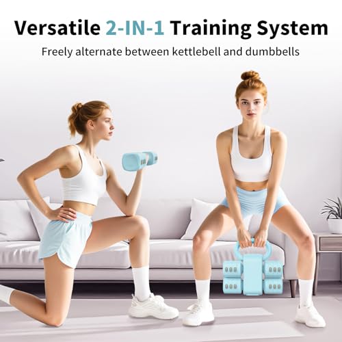 Hezeyferg 2-in-1 Adjustable Dumbbells Set, 4 Levels Weight Dumbbells Set for Women Men, Each 2.2/3.3/4.4/5.5lb Hand Weights with Kettlebell Form for Home Gym Exercise Training - color: Blue