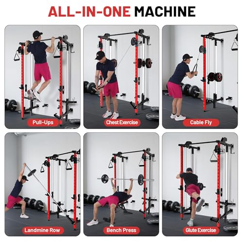 GarveeHome Folding Squat Rack, Wall Mounted Power Rack with Dual Pulley System & Pull Up Bar, Fitness Equipment for Home Gym, Garage, Apartment