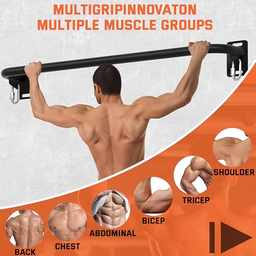 36" Heavy Duty Pull Up Bar Wall/Joist Mounted, 600 LB Capacity, Multi-Grip Bar for Garage & basement rafter Use - All-in-One Workout Station with Carabiners & Space-Saving Design