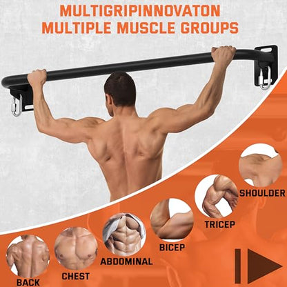 36" Heavy Duty Pull Up Bar Wall/Joist Mounted, 600 LB Capacity, Multi-Grip Bar for Garage & basement rafter Use - All-in-One Workout Station with Carabiners & Space-Saving Design