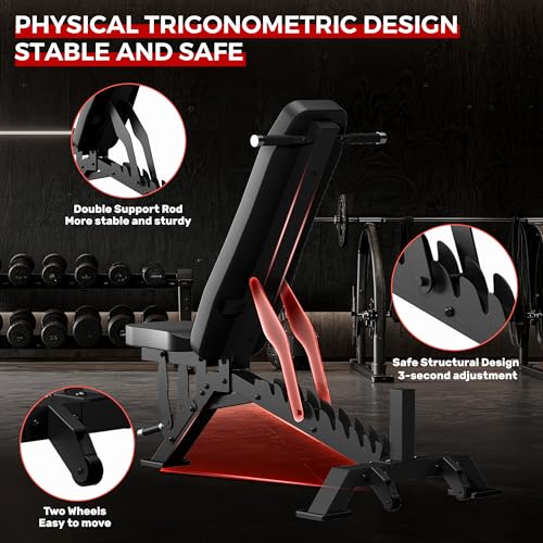 Weight Bench, Adjustable Workout Bench for Home Gym Full Body Workout, 1300LBS Weight Capacity Bench Press, Flat/Incline Bench with 33" Extra-Long Backrest & Wheels - color: black