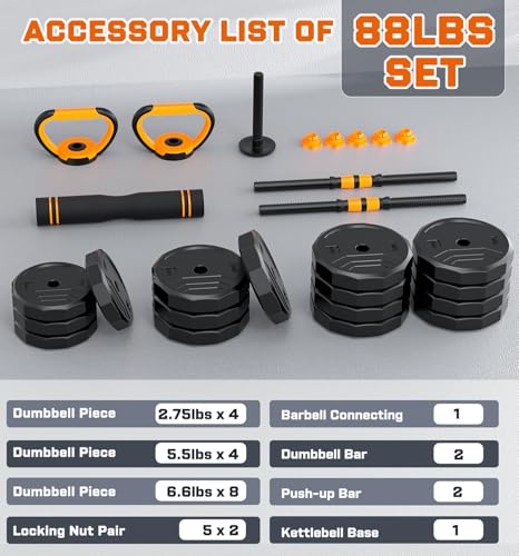 5-in-1 Adjustable Dumbbell Set, 33/44/66/88lbs Free Weights Set with Connector, Used as Kettlebells, Barbell, Push up Stand, Standard 1" Plates, Fitness Exercises for Home Gym Suitable Women/Men