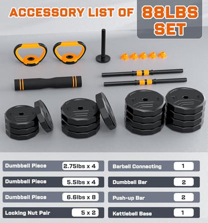 5-in-1 Adjustable Dumbbell Set, 33/44/66/88lbs Free Weights Set with Connector, Used as Kettlebells, Barbell, Push up Stand, Standard 1" Plates, Fitness Exercises for Home Gym Suitable Women/Men