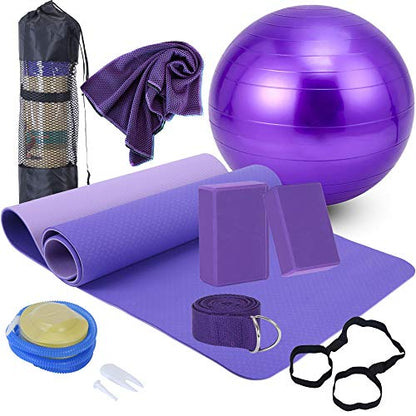 Yoga Starter Kit - 11-Piece Set with Yoga Blocks, Strap, Ball, Mat, Carrying Strap, Net Bag, Cooling Towel