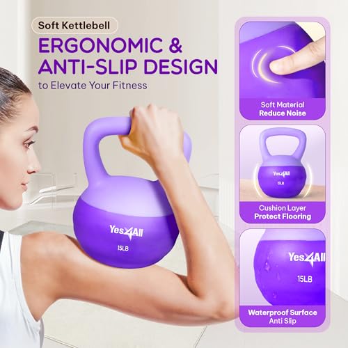 Yes4All Soft Kettlebell, PVC Strength Training Kettlebells for Women, Floor Protection & Quiet, Wide Handle, Aesthetic Soft Weights (5,10,15,20lb) for Home Gym, Fitness Beginners