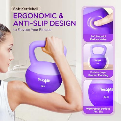Yes4All Soft Kettlebell, PVC Strength Training Kettlebells for Women, Floor Protection & Quiet, Wide Handle, Aesthetic Soft Weights (5,10,15,20lb) for Home Gym, Fitness Beginners