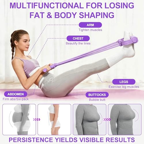 3-in-1 Pedal Resistance Band with Handle, 8-Tube Exercise Bands with Handles, Detachable Multifunctional Resistance Bands for Ab/Waist/Arm/Leg Stretching & Workout (Purple)