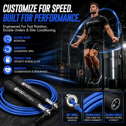 WOD Nation Adjustable Speed Jump Rope For Men, Women & Children - Blazing Fast Fitness Skipping Rope Perfect for Boxing, MMA, Endurance - color: Black