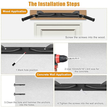 Kipika Heavy Duty Wall Mounted Doorway Pull Up Bar, Multifunctional Chin Up Bar, Portable Fitness Door Bar, Body Workout Home Gym System