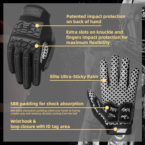 Seibertron Lineman 2.0 Padded Palm Football Receiver Gloves, Flexible TPR Impact Protection Back of Hand Glove Adult and Youth Sizes - color: black, size: XL Youth