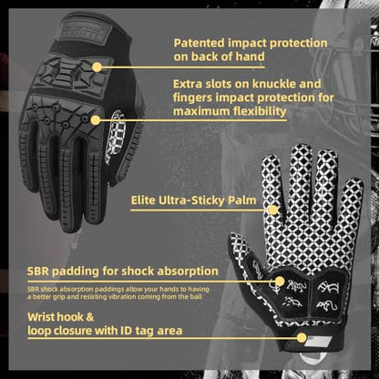 Seibertron Lineman 2.0 Padded Palm Football Receiver Gloves, Flexible TPR Impact Protection Back of Hand Glove Adult and Youth Sizes - color: black, size: XL Youth
