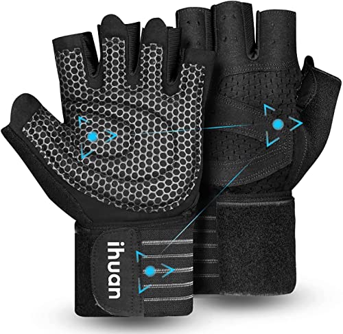 ihuan Ventilated Weight Lifting Gym Workout Gloves with Wrist Wrap Support for Men & Women, Full Palm Protection, for Weightlifting, Training, Fitness, Hanging, Pull ups - color: Black, size: Medium
