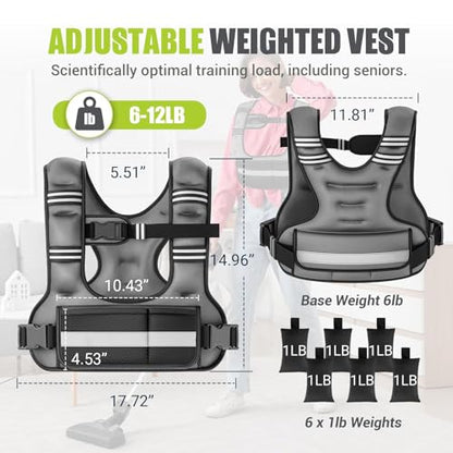 Adjustable Weighted Vest for Women, 6-12lb U-Shaped Weight Vest with 6 Iron Sand Bags, Rucking Vest with Extended Shoulder Pads & Plus Pockets for Running, Walking and Strength Training
