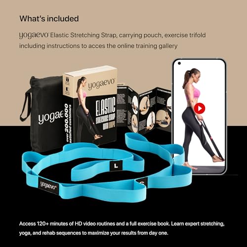 YOGA-EVO Elastic Stretching Strap with Loops for Physical Therapy - Stretch & Activate Muscles - Increase Mobility & Recovery - Soft Cotton & Spandex - Includes Carrying Pouch & Video Exercises - color: Blue