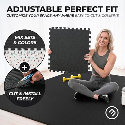 bemaxx Gym Mats Set - 48 pcs EVA Interlocking Foam Floor Tiles (24.4"x24.4"x0.4") 192 sqft Protective Gym Flooring Sports Home Workout Exercise Mats Puzzle Garage Fitness Play-Room Pool Treadmill Bike