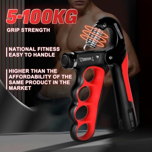 Grip Strength Trainer, Adjustable Resistance Forearm Strengthener with 11-220Lbs (5-100KG), Digital Counter, Ergonomic Hand Gripper Strengthener for Musicians, Athletes & Injury Recovery - color: Red