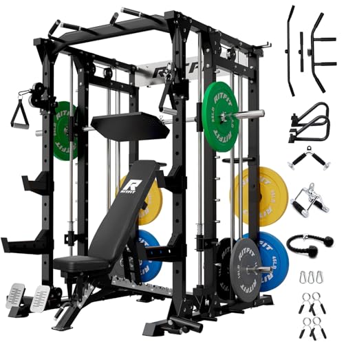 RitFit Buffalo Smith Machine, Power cage with LAT-Pull Down System & Cable Crossover System, All-in-One Squat Rack for Home Gym, Power Rack - color: BLACK, size: Package(With CP260)