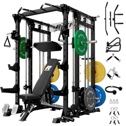 RitFit Buffalo Smith Machine, Power cage with LAT-Pull Down System & Cable Crossover System, All-in-One Squat Rack for Home Gym, Power Rack - color: BLACK, size: Package(With CP260)