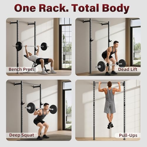 Wall Mounted Power Cage, 900lbs Squat Rack with Pull Up Bar for Home Gym, Space-Saving 2"x2" Pull-Up Station with Adjustable J-Hooks for Garage & Apartment