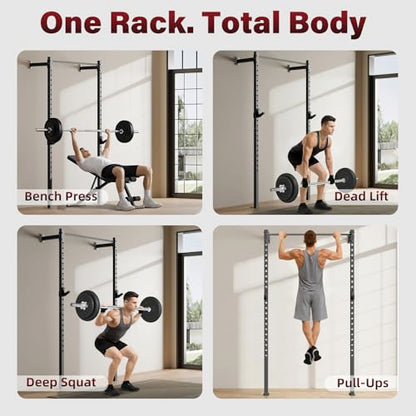 Wall Mounted Power Cage, 900lbs Squat Rack with Pull Up Bar for Home Gym, Space-Saving 2"x2" Pull-Up Station with Adjustable J-Hooks for Garage & Apartment