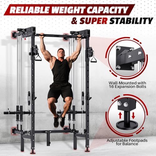 Folding Squat Rack, Wall Mounted Power Rack with Cable Crossover Machine & LAT Pull Down Multi-Function Space-Saving Power Cage with 7 Adjustable Modes/Dual Pulley System/Pull-up Bar/360°Landmine