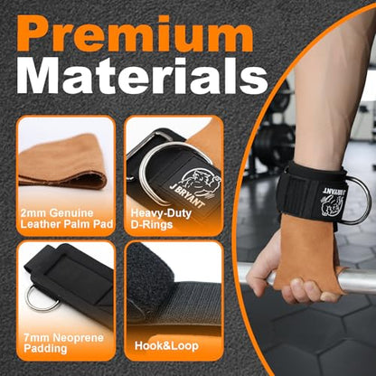Weight Lifting Wrist Straps with Sliding D-Ring, Leather Palm Grip, Wrist Support, Adjustable Connection Angle for Weightlifting, Cable Flys & Full-Body Workouts, 2mm Genuine Leather Palm & 7mm Neoprene Wrist Padding, Anti-Slip for Men Women