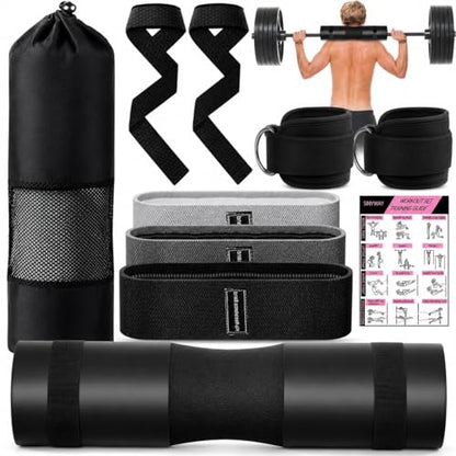 Barbell Pad Set for Squat,10 PCS Hip Thrusts Workout Foam Weight Lifting Bar Cushion with 2 Gym Ankle Straps,3 Hip Resistance Bands,2 Lifting Strap,Barbell Pad and Carry Bag - color: Black