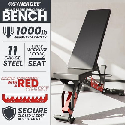 Synergee Adjustable Wing Back Workout Bench. Weight Bench for Dumbbell & Barbell Press Exercises & Workouts. Great for Commercial, Garage and Home Gym.