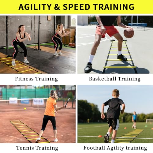 20ft Adjustable Agility Ladder | Speed Ladder for Soccer, 12 Adjustable Rungs, Durable, Carry Bag & Straps, Yellow, Footwork Training for Athletes