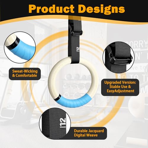 32mm Wooden Gymnastic Rings with Quick-Adjust Numbered Straps for Enhanced Workout Control, Designed for Strength Training, Home Gym, Calisthenics & Travel Fitness