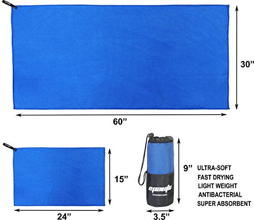 EPAuto 2-Pack Microfiber Quick Dry Towel Set - Lightweight, Super Absorbent & Compact Travel Towels (60"x30" & 24"x15") for Gym, Camping, Beach, Yoga & Backpacking, Blue
