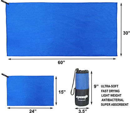 EPAuto 2-Pack Microfiber Quick Dry Towel Set - Lightweight, Super Absorbent & Compact Travel Towels (60"x30" & 24"x15") for Gym, Camping, Beach, Yoga & Backpacking, Blue