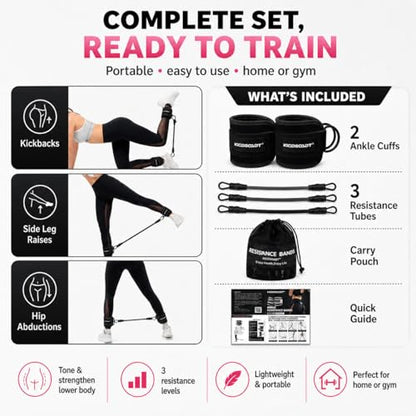 Ankle Resistance Bands with Cuffs, Natural Latex Tubes, 3 Levels for Leg and Glute Workouts, Padded Ankle Straps for Kickbacks, Hip Training and Home Gym Exercise for Women