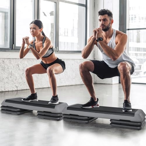 43" Exercise Aerobic Step Platform, Adjustable Fitness Stepper, with 4 Removable Risers for Home Gym Cardio Strength and Training - color: Black