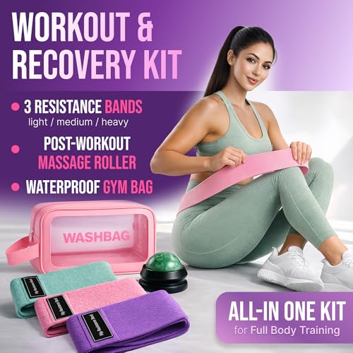 Fabric Resistance Bands for Working Out Women - Set of 3 with Massage Roller Ball & Waterproof Gym Bag - Anti-Slip Glute, Hip & Leg Workout Bands