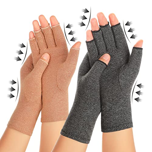 Zexhoor 2 Pairs Arthritis Compression Gloves for Women Men, Carpal Tunnel Pain Relief, Fingerless for Typing Both Hands - color: Brown1+grey1, size: Medium